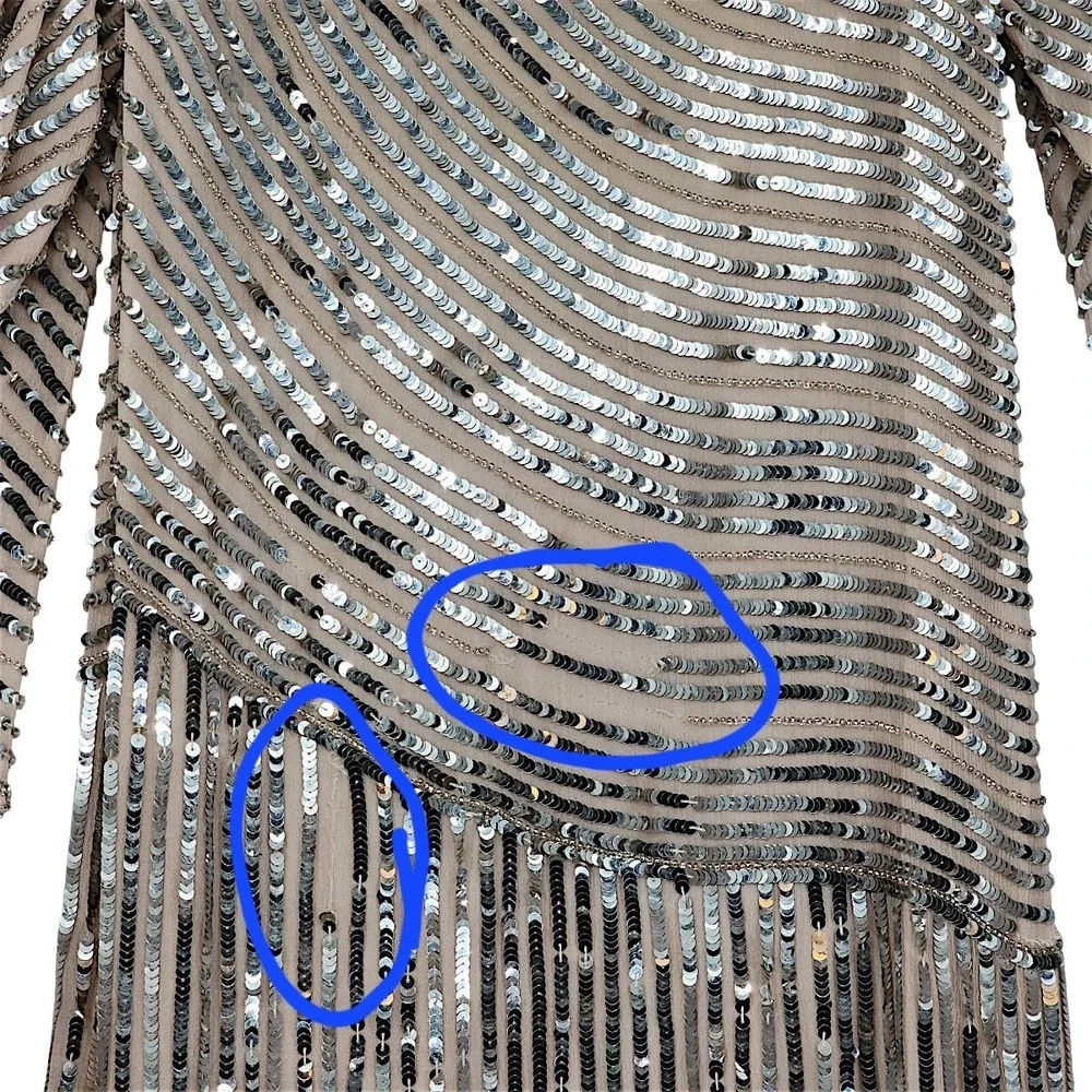 Judith Ann Creations Dress XS Women Silver Sequin Silk Long Sleeve Midi Vtg READ